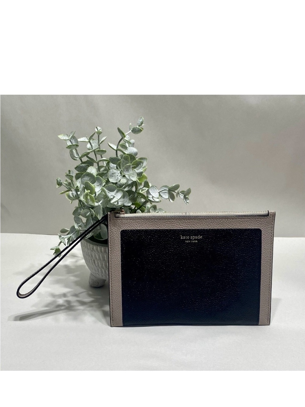 kate spade Black and Taupe Leather Wristlet Clutch